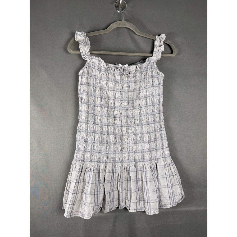 Urban Outfitters Babydoll top Womens Small Gray Plaid Smocked Ruffle Metallic